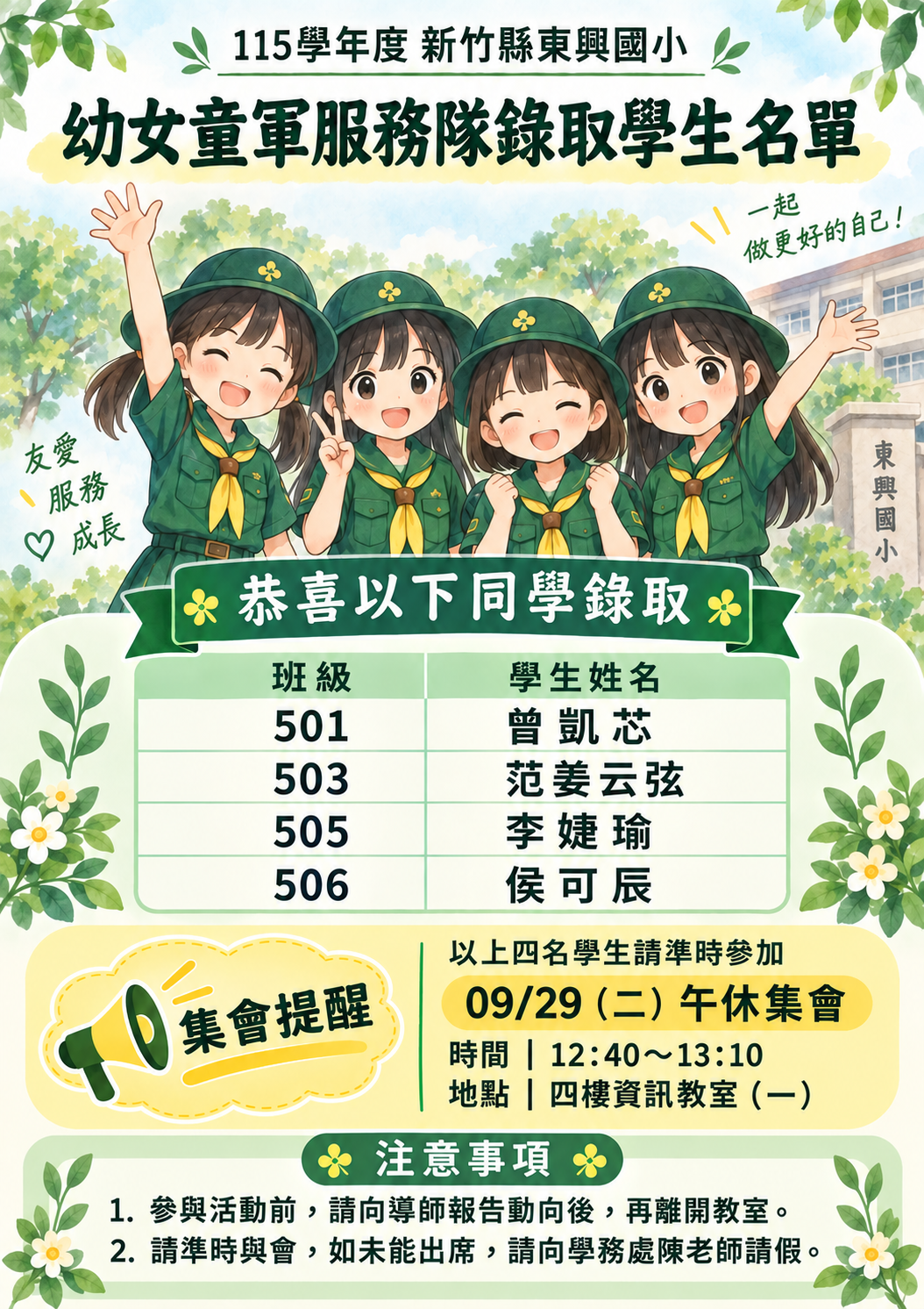 115學年度幼女童軍服務隊錄取名單