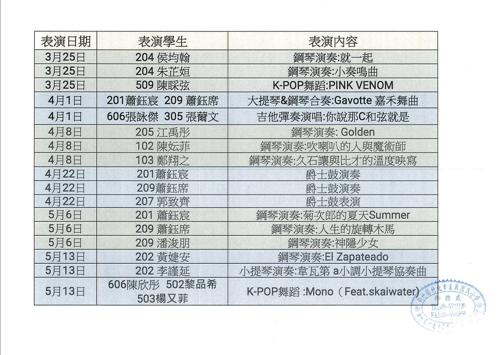 114學年度第二學期東興藝起來錄取學生名單